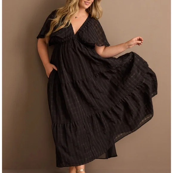 arula maxi dress Arula Floral Tiered Maxi Dress V-Neck Waist Cutouts Long Sleeve, Plus Sz. 3X